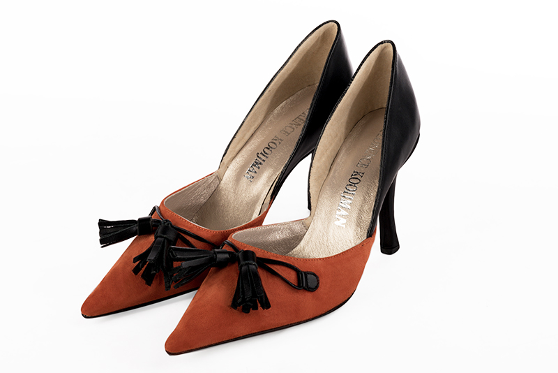 Terracotta orange and satin black women's open arch dress pumps. Pointed toe. Very high slim heel. Front view - Florence KOOIJMAN